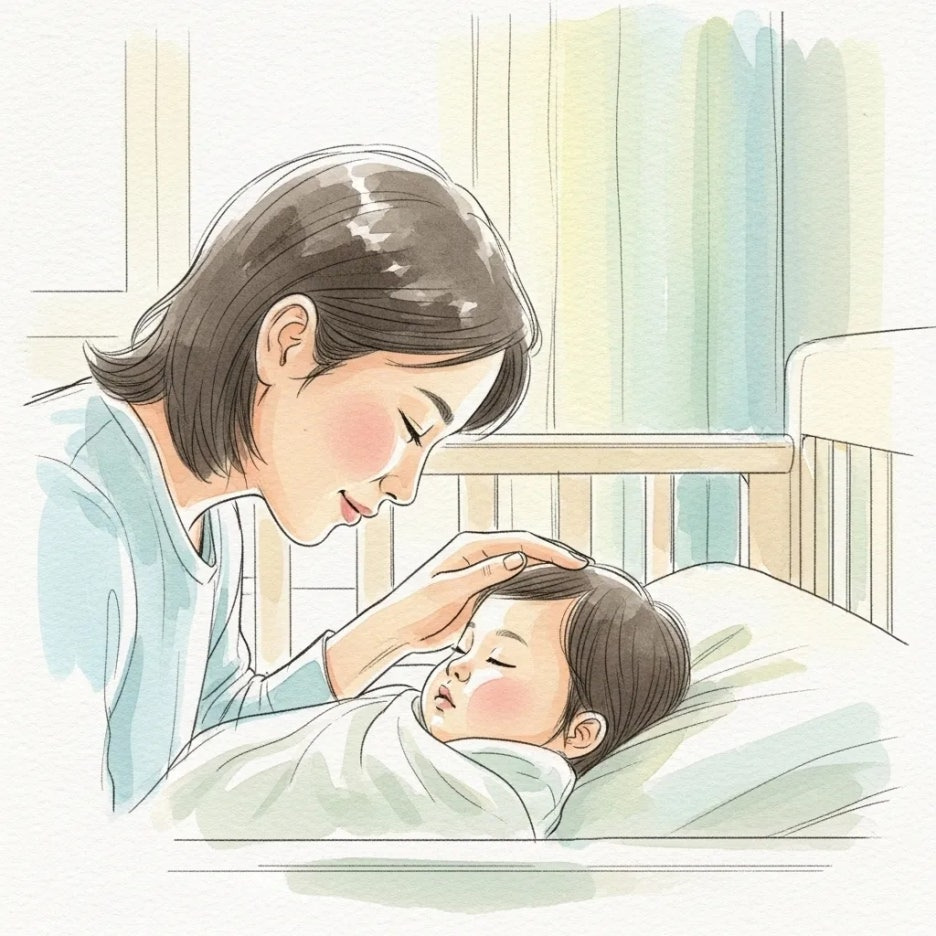 잠든 아이를 살피는 부모의 손길.