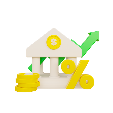 은행 건물 앞에 퍼센트 기호와 상승 화살표가 함께 배치된 일러스트. 금리 인상과 금융 정책의 변화를 상징적으로 표현한 이미지