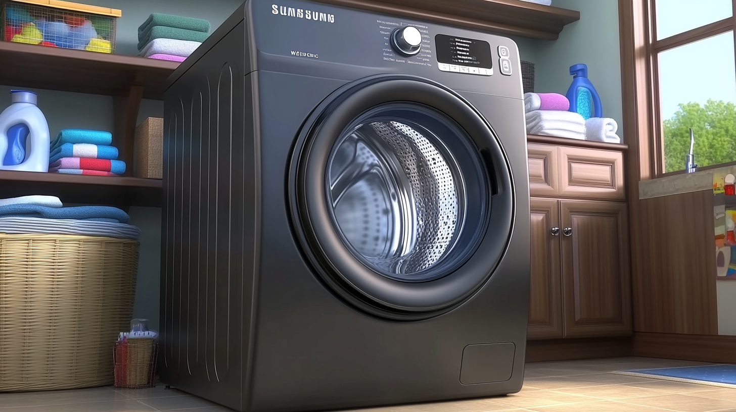 세련된 세탁실 환경에서 에너지 효율적인 세탁이 진행 중인 삼성 WF21D17CEEC 세탁기의 모습, 작동 중 소음이 적은 장면을 보여줍니다.