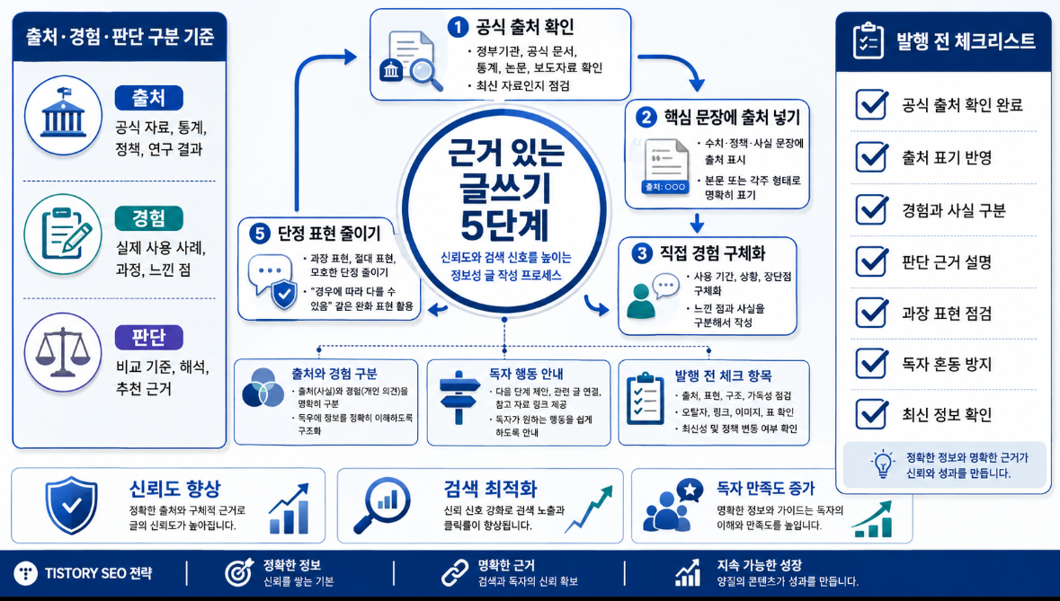 정보성 글에서 공식 출처 직접 경험 운영자 판단을 구분하고 근거 있는 글쓰기를 만드는 5단계 인포그래픽