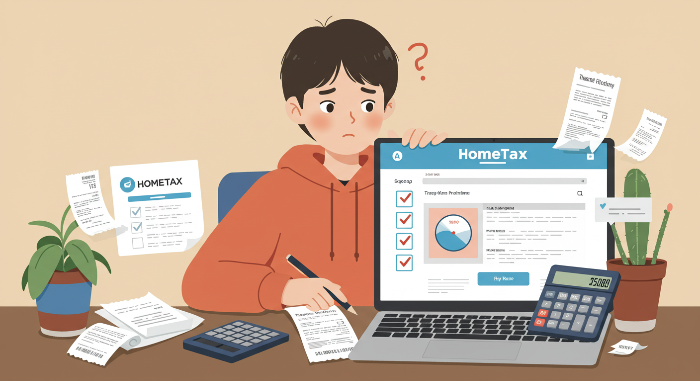 홈택스 웹사이트에서 종합소득세 신고를 준비하는 프리랜서 초보자의 일러스트, 책상 위에는 계산기와 영수증이 놓여 있음