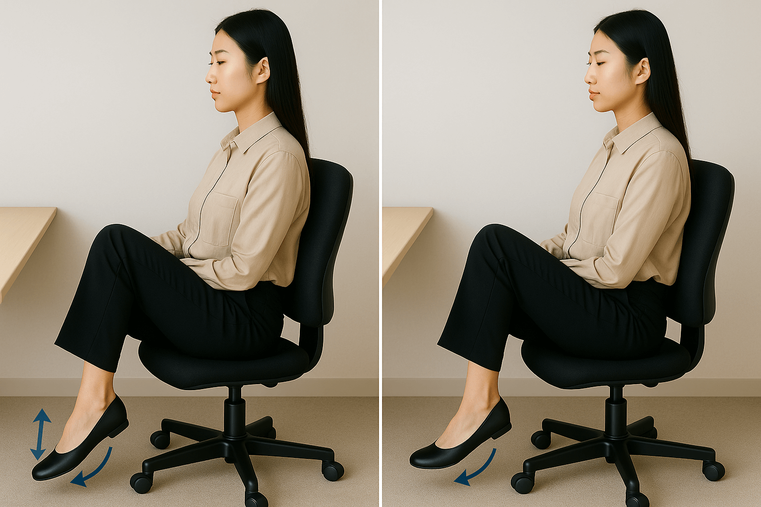 의자에 바르게 앉은 20대 한국 여성이 발목 펌프를 시연하는 모습. 왼쪽은 뒤꿈치를 바닥에 고정하고 발끝을 위로, 오른쪽은 발가락을 바닥에 두고 뒤꿈치를 들어 올리는 단계.