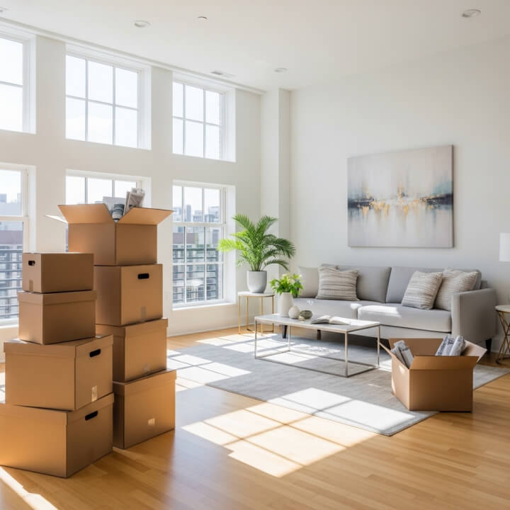 2026년 봄 포장이사 현장 거실에 쌓인 이삿짐 박스