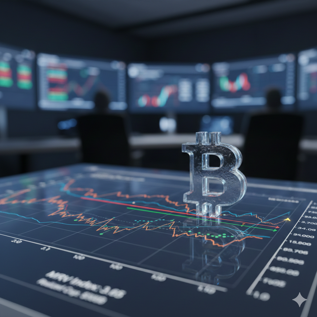 어둡고 전문적인 트레이딩 룸을 배경으로 유리처럼 투명하고 정교하게 조각된 비트코인 심볼이 디지털 분석 화면 위에 세워져 있는 모습이에요. 심볼 아래의 투명한 대시보드에는 MVRV 지수와 실현 시가총액을 나타내는 복잡한 온체인 데이터 그래프와 수치들이 푸른빛을 띠며 세밀하게 표시되어 있어요. 배경에는 여러 대의 대형 모니터가 배치되어 실시간 차트와 시장 지표들을 보여주며, 차갑고 분석적인 분위기를 통해 데이터 중심의 가상자산 투자 환경을 실감 나게 표현하고 있어요.