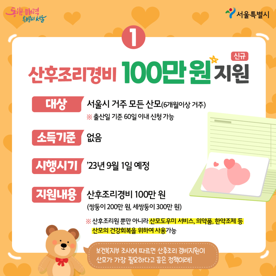 산후조리경비 100만 원을 지원합니다.