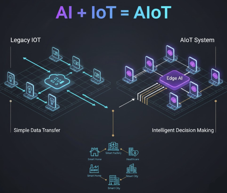 사물인터넷(IoT)의 데이터 연결성과 인공지능(AI)의 판단력이 결합된 AIoT 기술 구조도. 엣지 컴퓨팅을 통해 기기 스스로 학습하고 판단하는 과정과 스마트홈, 스마트 팩토리 등 다양한 산업 분야에 적용된 사례를 보여주는 인포그래픽 이미지.
