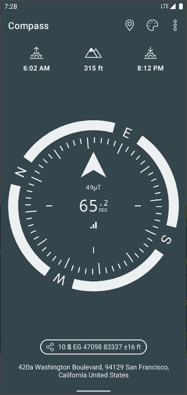 나침반 어풀, 지리적 북쪽 및 해발 고도 측정, 일출 및 일몰 시간 제공