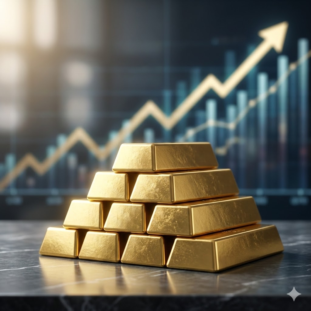 Conceptual 1:1 image of gold bars and a rising stock graph, symbolizing financial reliability and elite expertise for global wealth managers.
