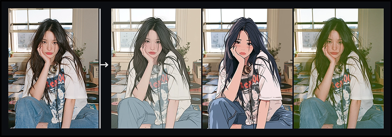 원본 여성 인물 사진과 라인 일러스트, 2D 애니메이션, 아날로그 필름 스타일 결과