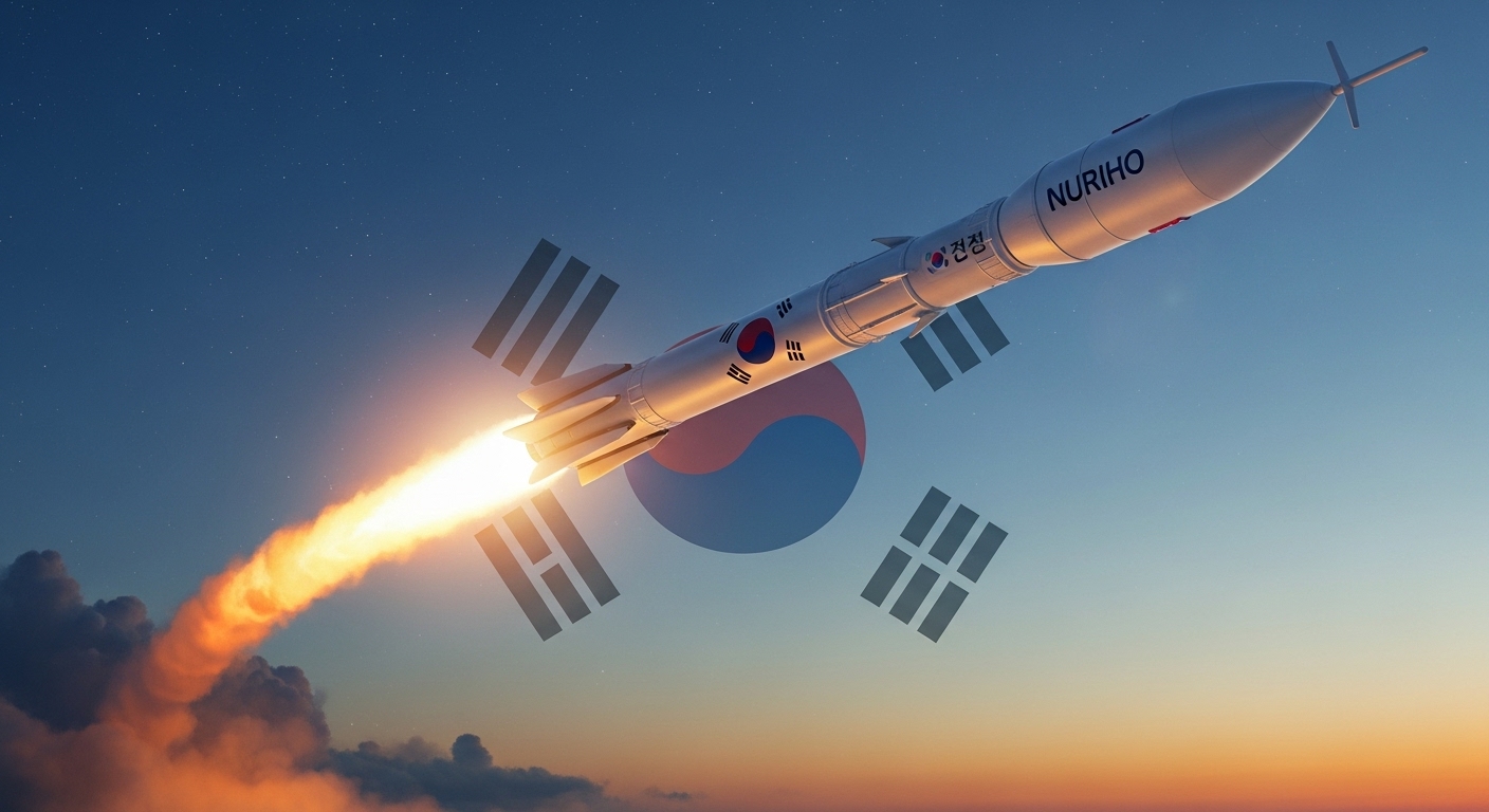 2025년 11월 27일 새벽, 대한민국의 우주 기술을 상징하는 누리호 4차 발사체가 힘찬 불꽃을 내뿜으며 밤하늘로 솟아오르는 장엄한 모습.