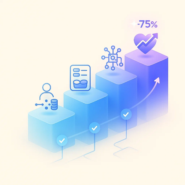 데이터 수집, 분석, AI 처리 단계를 거쳐 건강 지표가 75% 향상되는 과정을 3D 블록과 아이콘, 상승 그래프 라인으로 시각화한 디지털 인포그래픽