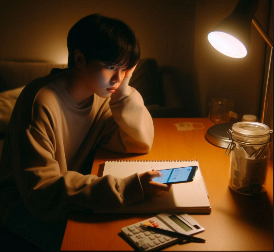 자취방에서 가계부를 보며 고민하는 청년 — 돈이 어디 갔는지 모르는 상황