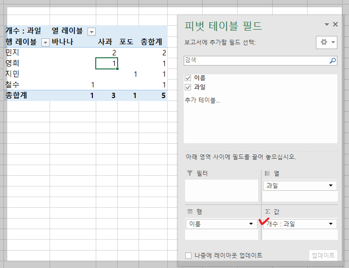 피벗테이블- 값 필드 설정