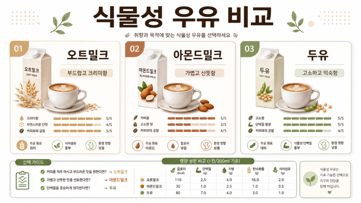 오트밀크, 아몬드밀크, 두유의 맛과 질감 차이를 비교한 식물성 우유 인포그래픽