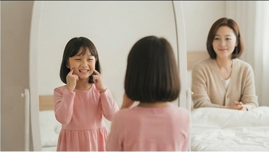 거울 앞에서 아이가 표정을 연습하는 모습