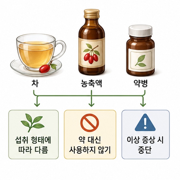 산수유차와 농축액, 약병을 비교해 섭취 형태에 따라 주의점이 달라질 수 있음을 설명한 이미지