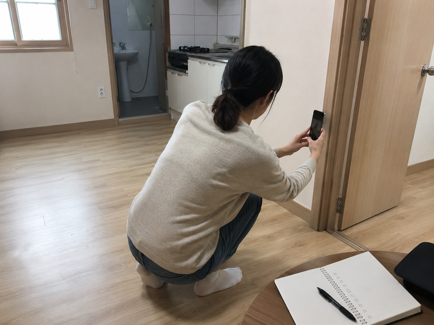 입주 전 원룸 하자 상태를 사진으로 기록하는 모습