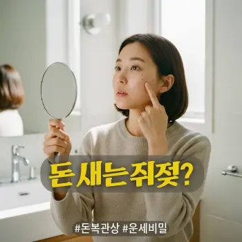 * 이미지 프롬프트: 화사한 자연광이 들어오는 파우더룸, 30대 중반의 한국인 여성이 손거울을 들고 자신의 눈가나 목 주변을 유심히 관찰하고 있다. 손가락으로 피부의 작은 돌기를 살짝 가리키며 '이게 뭐지?' 하며 고민하는 듯한 묘한 표정. 따뜻하고 부드러운 색감의 아날로그 필름 사진 스타일, 인위적이지 않은 자연스러운 실사.

* 썸네일 텍스트(제목): 돈 새는 쥐젖?
* 해시태그: #돈복관상 #운세비밀