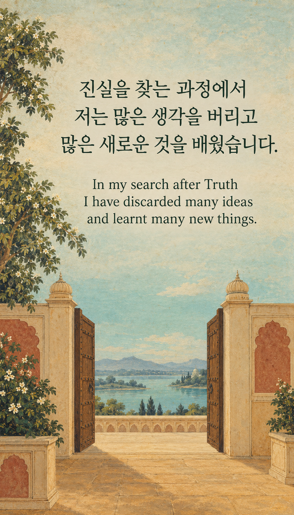 진실을 찾는 과정에서 저는 많은 생각을 버리고 많은 새로운 것을 배웠습니다. &mdash; 열린 인도식 문과 먼 풍경, 인도풍 그림
