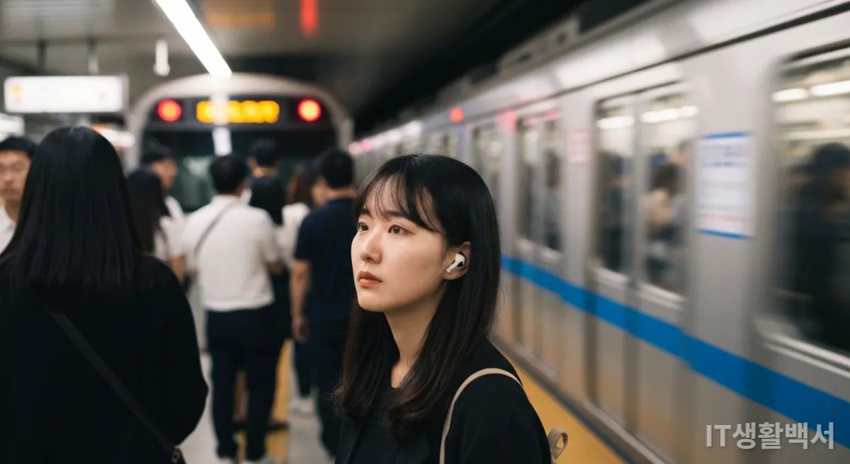 서울 지하철역에서 노이즈 캔슬링 이어폰을 착용하고 평온하게 서 있는 한국 여성