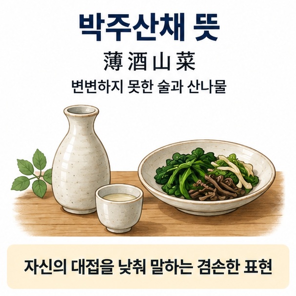 박주산채 뜻이라는 제목과 소박한 술병, 산나물 반찬, 작은 상차림을 함께 표현한 대표 이미지