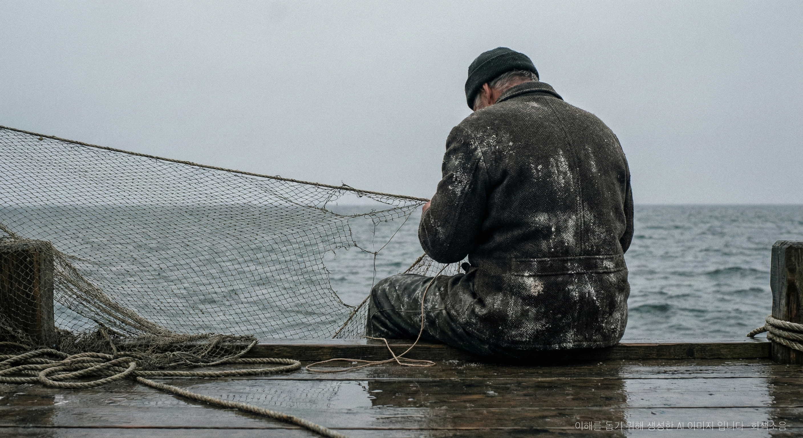 폭풍 뒤 젖은 선착장에서 소금 얼룩이 남은 낡은 옷을 입은 노어부가 등을 보인 채 찢어진 그물을 묵묵히 고치는, 회색 하늘이 비치는 고요하고 지친 분위기의 장면.