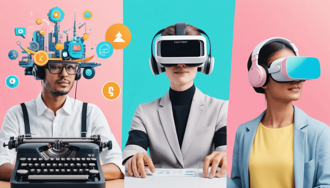 세 명의 인물이 각기 다른 가상현실(VR) 및 기술 장비를 착용한 모습. 왼쪽 남성은 헤드셋과 증강현실 기기를 머리에 쓰고 타자기를 사용하며, 중앙 여성은 VR 헤드셋을 쓰고 데이터를 조작하고 있으며, 오른쪽 여성은 핑크색과 파란색이 조합된 VR 헤드셋을 착용하고 있다. 배경은 파스텔 핑크와 민트색으로 나뉘어 있음