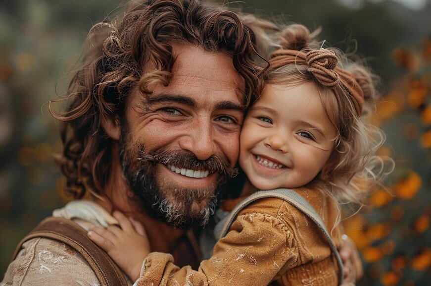 딸을 안은채 정면을 바라보고 있는 아빠