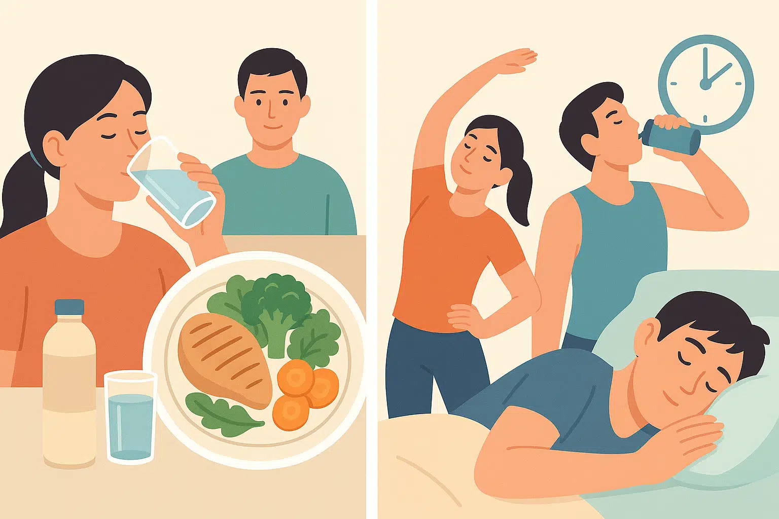 하루 1.5~2리터의 물을 여러 번 나누어 마시는 모습, 단백질·채소·과일이 포함된 균형 잡힌 식단, 운동 전후 스트레칭과 물 마시는 장면, 규칙적인 수면 패턴을 지키는 사람
