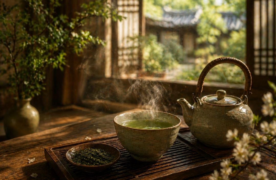테이블 위에 놓인 따뜻한 녹차 한 잔과 찻잎