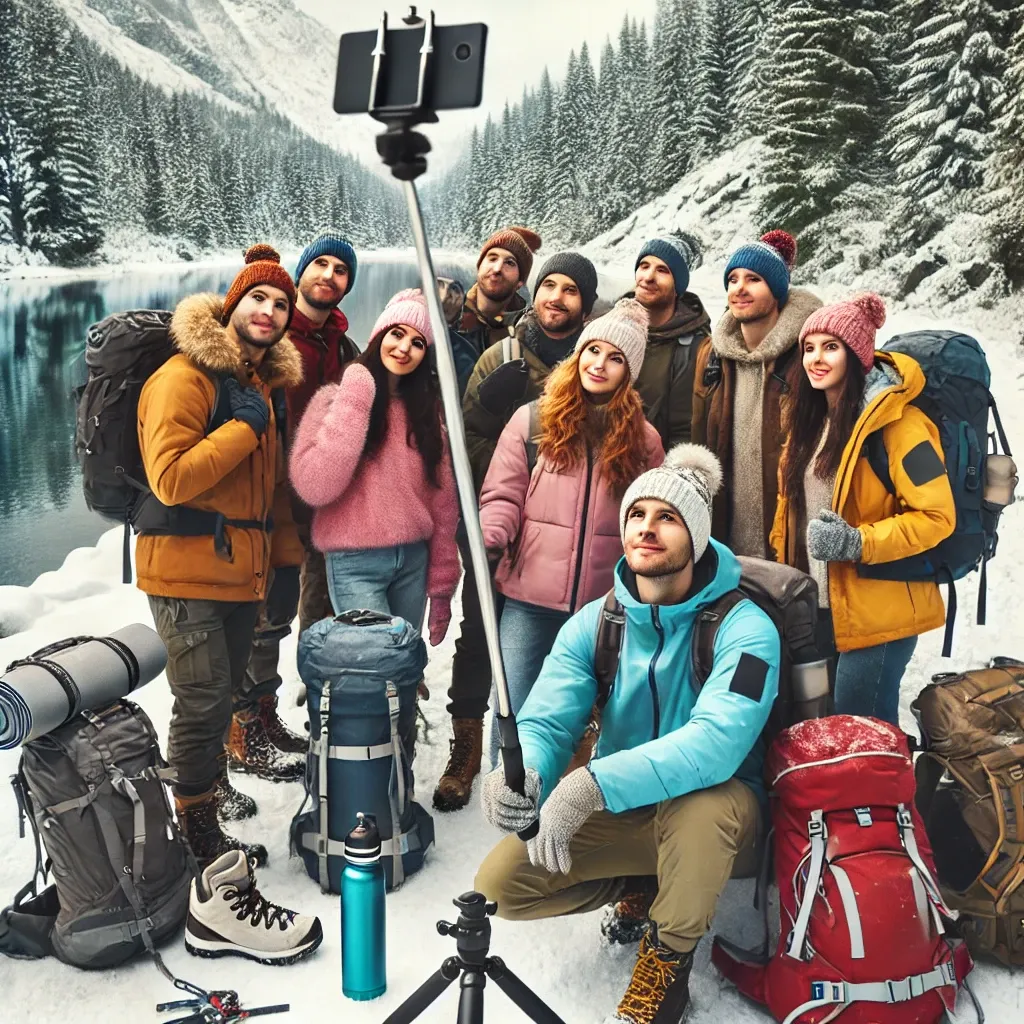 단체 등산객-삼각대 셀카 촬영-눈 덮인 겨울 숲