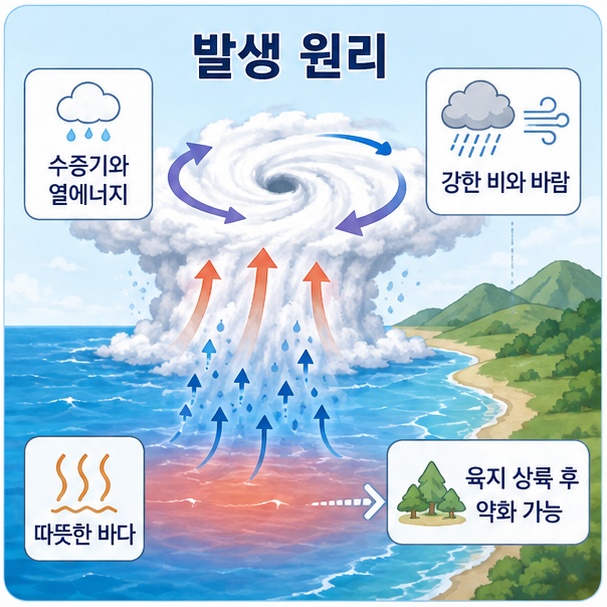 열대성 저기압이 따뜻한 바다의 수증기와 열에너지를 이용해 발달하고 육지에 상륙하면 약해질 수 있음을 보여주는 그림