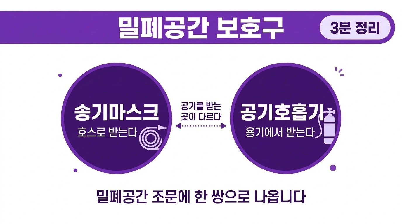 송기마스크는 호스로, 공기호흡기는 용기에서 공기를 받는 차이를 두 개의 원형 배지로 나란히 보여 주는 도식