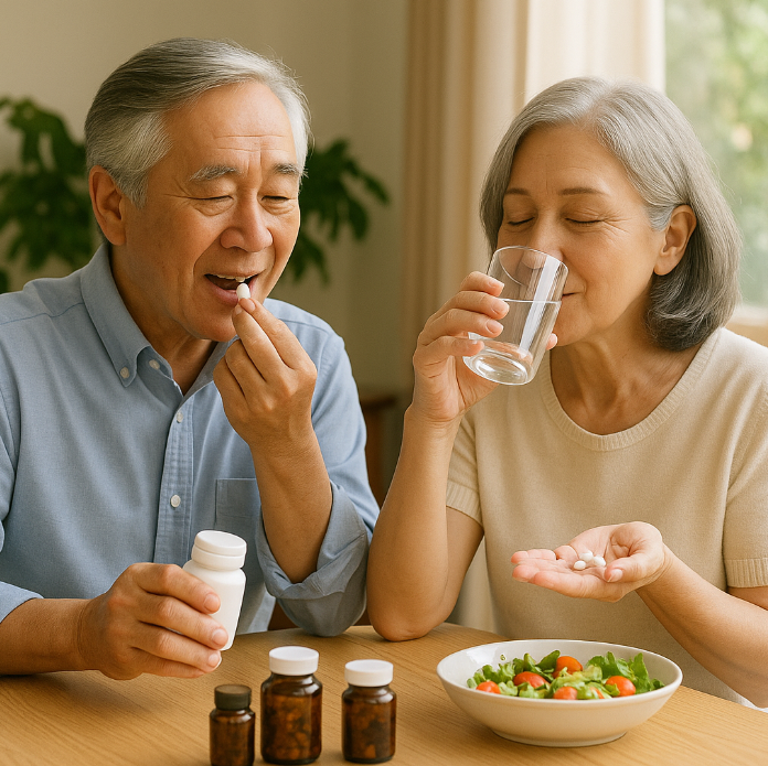 여름철 영양제를 챙기는 노년층 부부