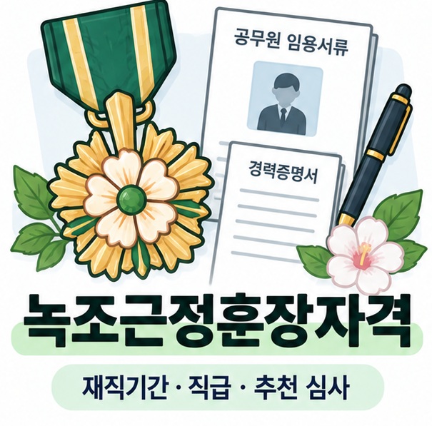 녹조근정훈장자격을 상징하는 녹조근정훈장과 공무원 서류 인포그래픽