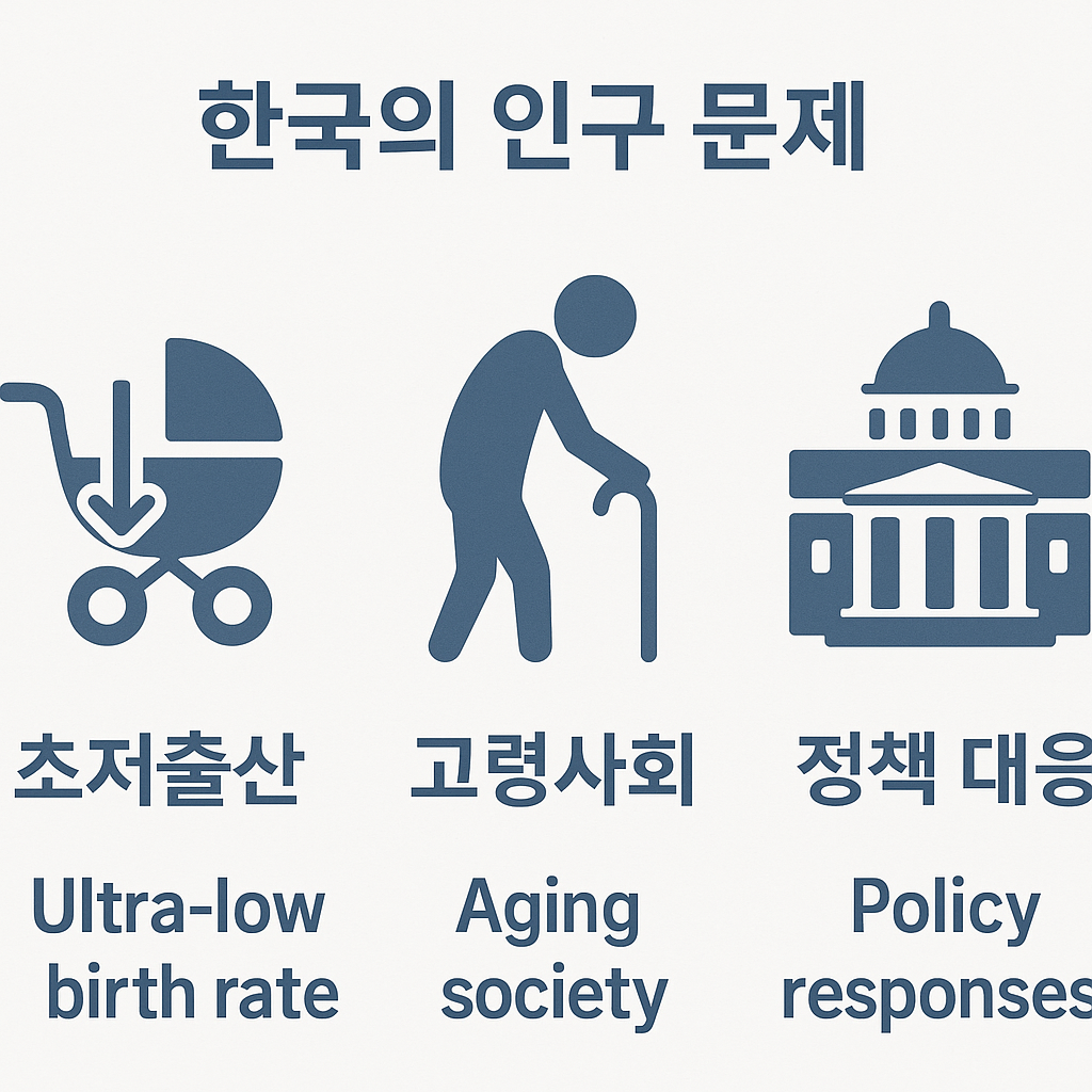 아기 유모차, 지팡이를 든 노인, 정부 건물 아이콘을 통해 저출산&middot;고령사회 문제와 정책 대응 방향을 직관적으로 보여주는 종합 인포그래픽