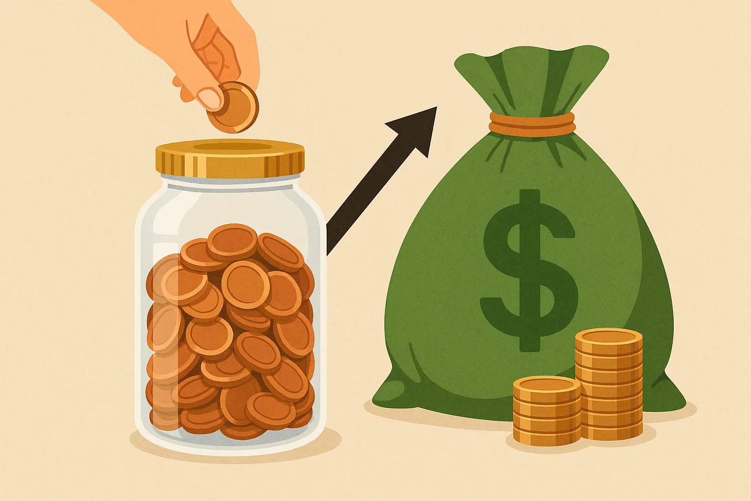 동전을-모으는-습관이-장기적으로-자산-관리와-저축에-어떤-도움이-되는지를-비교해-표현한-이미지