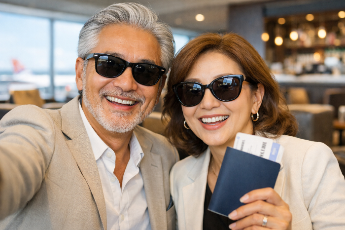 자녀를 기다리는 대신 해외여행을 떠나는 능동적인 액티브 시니어 부부.