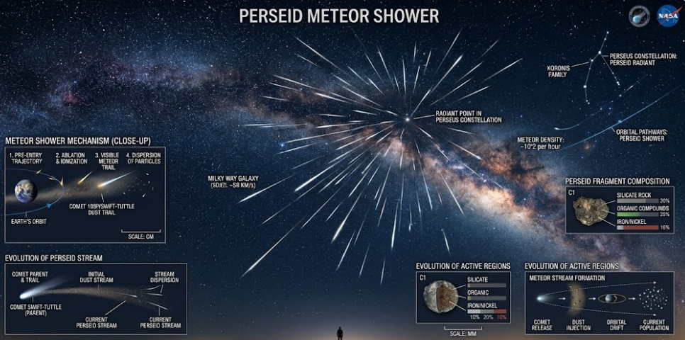 밤하늘을 가로지르는 유성우