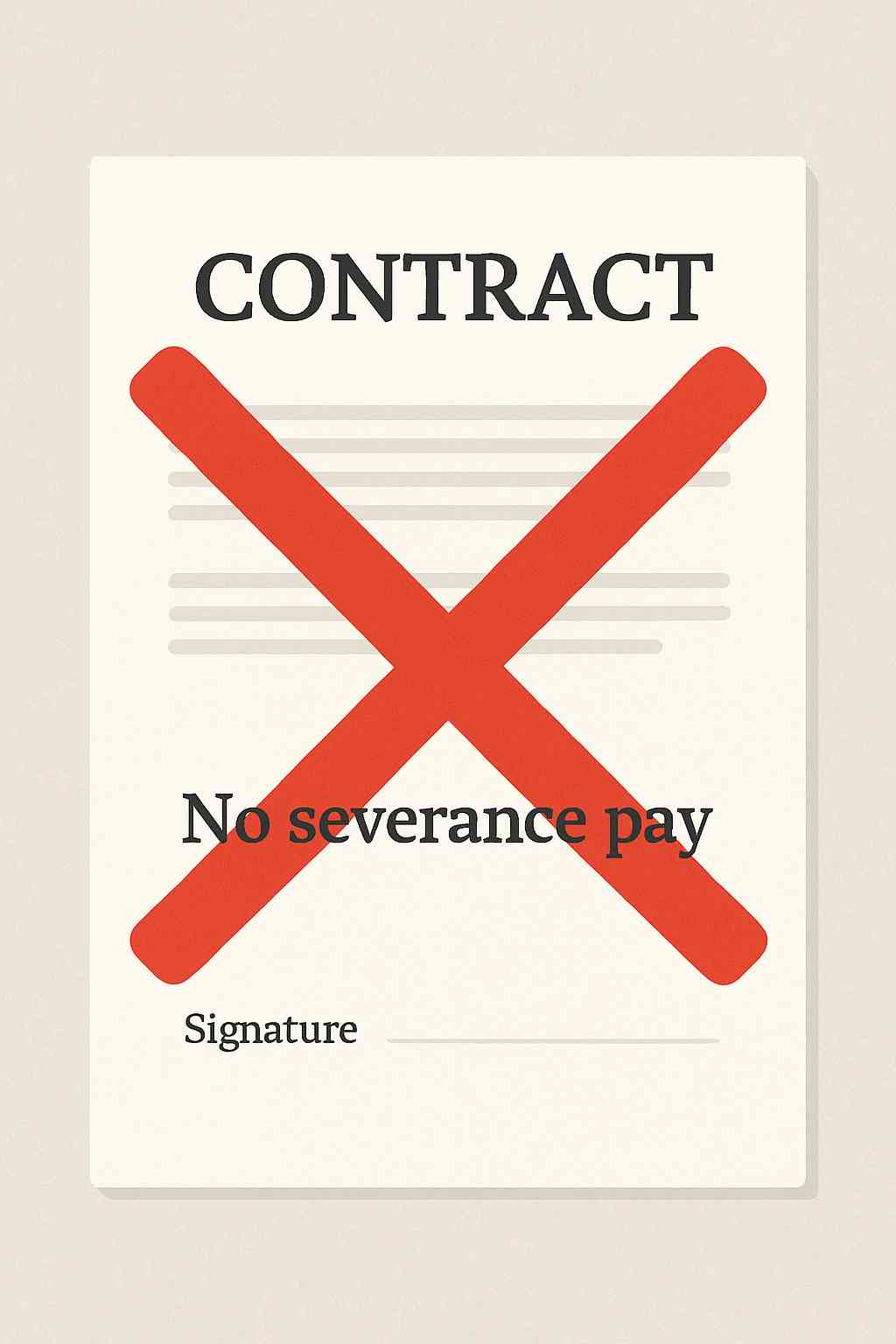퇴직금 미지급 조항이 포함된 계약서에 빨간색 X 표시가 된 일러스트 이미지