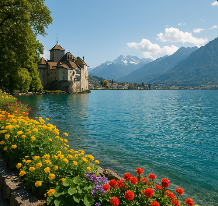 스위스의 몽트뢰 제네바호수
