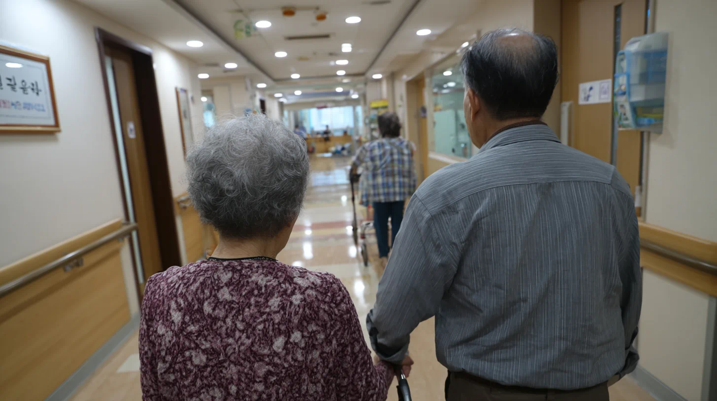 노년 환자를 보호자가 부축하는 모습, 치매 진행 단계 연출