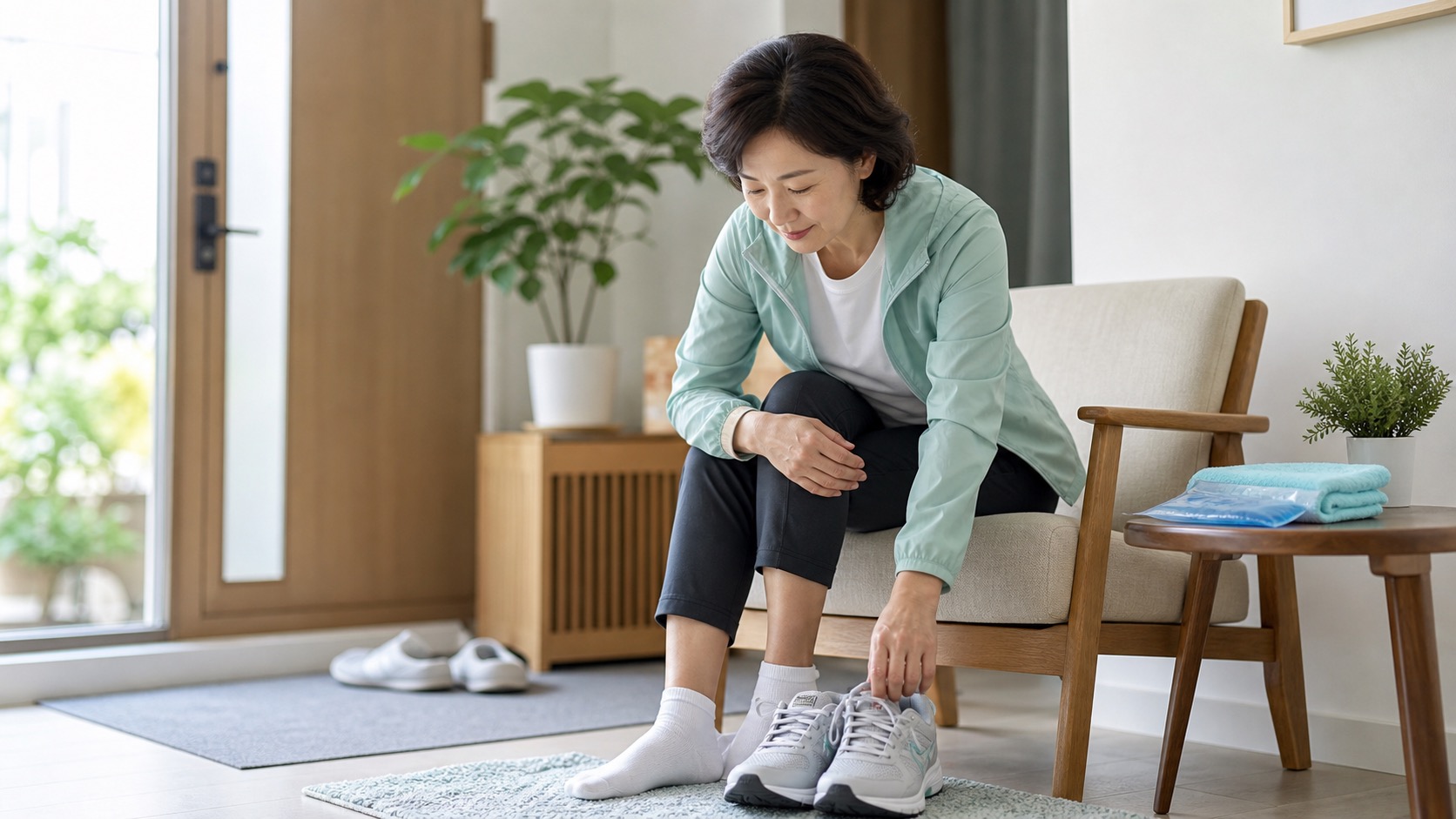 집에서 신발과 찜질팩을 두고 무릎 통증 생활습관을 점검하는 중년 인물
