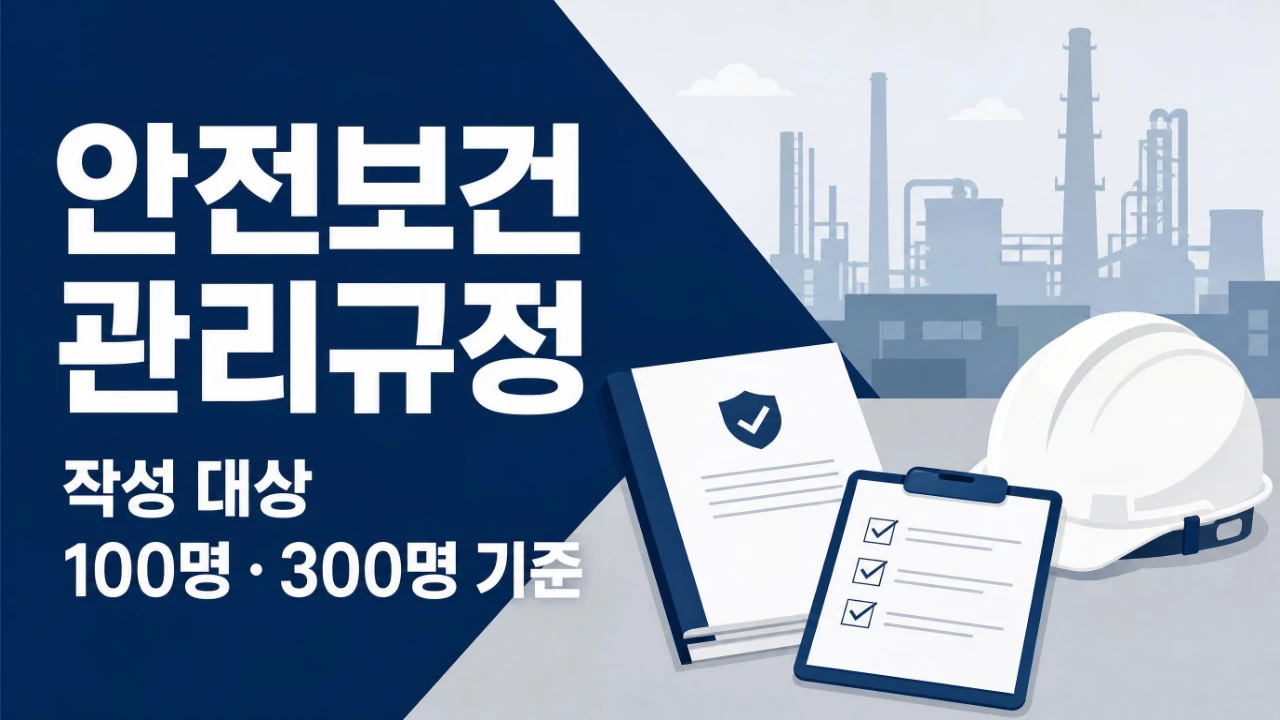 2026년 안전보건관리규정 작성 대상과 상시근로자 100명 300명 기준을 설명하는 이미지