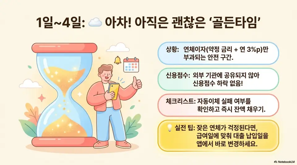 대출 연체 1일에서 4일까지가 골든타임인 것을 모래시계로 표현한 일러스트. 연체이자만 부과되고 신용점수 하락이 없는 안전 구간임을 시각적으로 전달하며&amp;#44; 대출 연체 초기 대응 방법과 관련된 내용을 설명함 