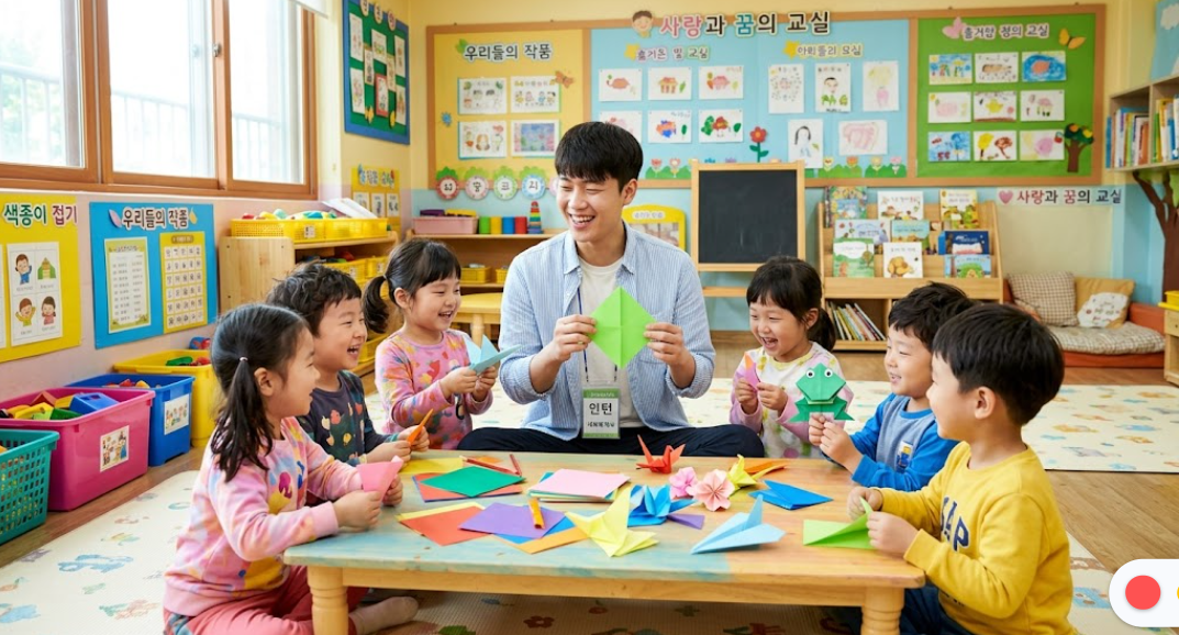 밝은 표정의 실습생이 아이들과 함께 종이접기를 하며 웃고 있는 모습