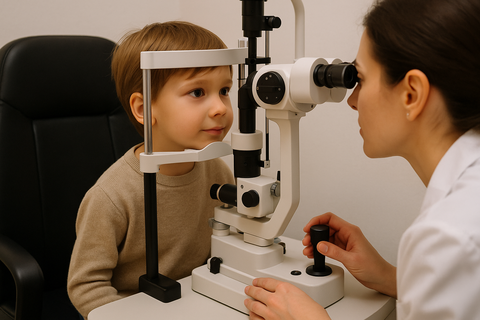 안과에서 검사 받고 있는 아이 사진