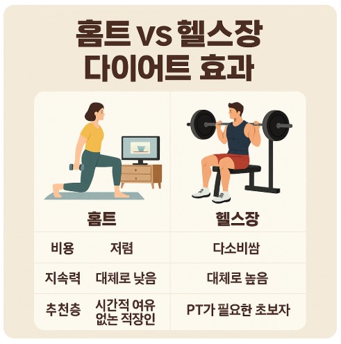 홈트레이닝과 헬스장 다이어트 비교 이미지