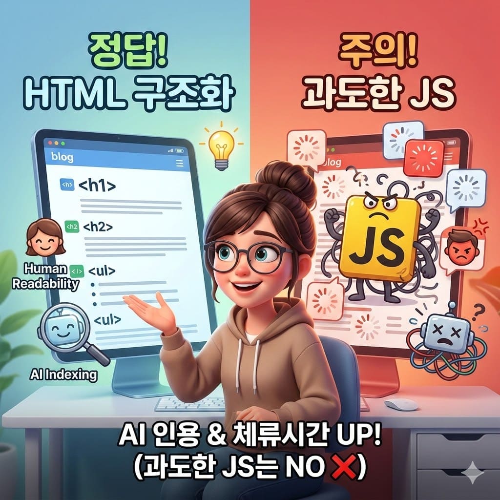 'HTML 구조화'와 '시맨틱 마크업' 방식으로 'AI인용'과 '체류시간'이 늘어날 수 있습니다!