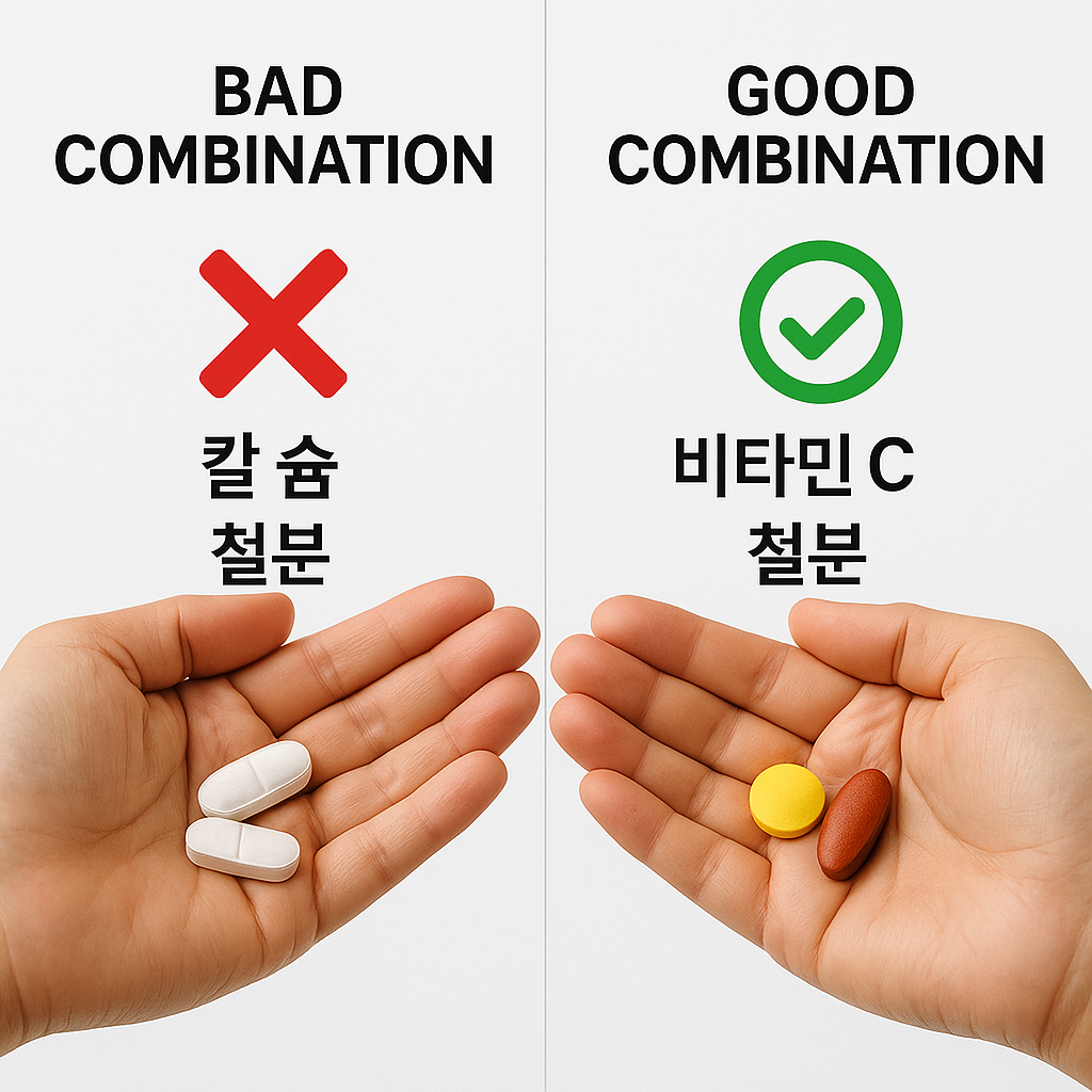 &quot;함께&nbsp;먹으면&nbsp;좋은&nbsp;영양제&nbsp;조합과,&nbsp;피해야&nbsp;할&nbsp;나쁜&nbsp;영양제&nbsp;조합을&nbsp;시각적으로&nbsp;비교하는&nbsp;이미지&quot;